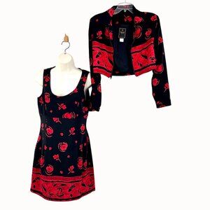 MEZMERIZE GOLD USA BLACK & RED ROSE PRINT SLEEVELESS DRESS W/ CROPPED JACKET - S
